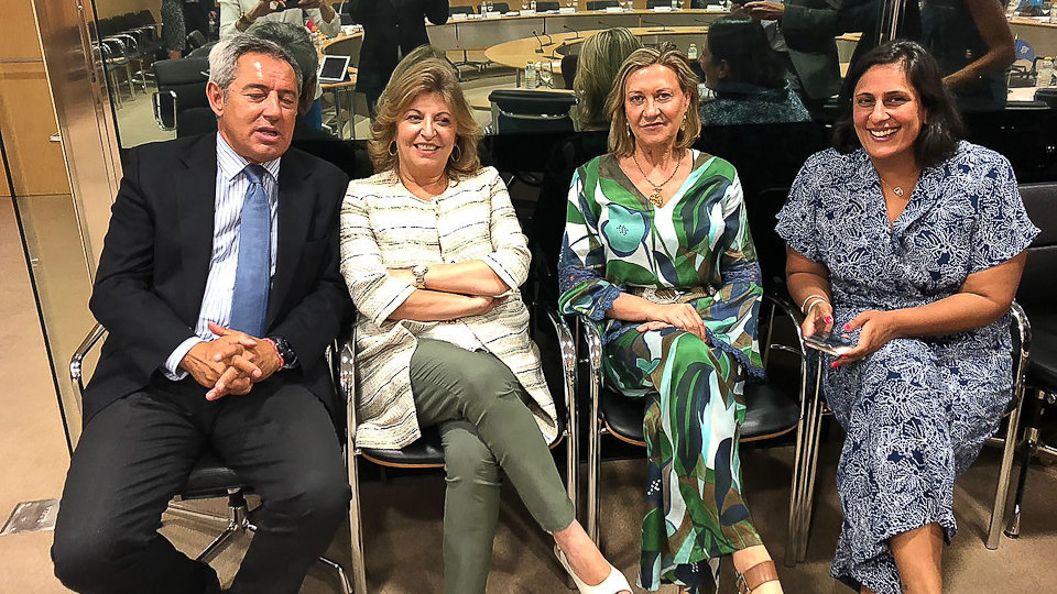 La consejera ceutí, junto a los responsables del área de Hacienda de Melilla, Castilla León, Madrid y Murcia, durante un receso de la reunión. (1 de 1)