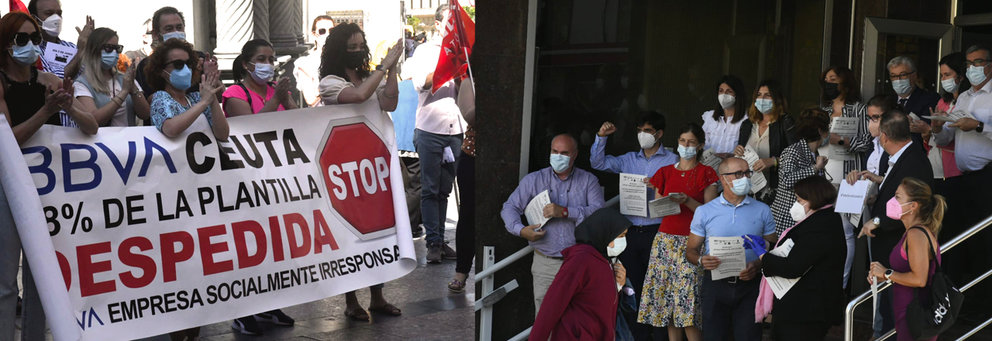 Trabajadores de BBVA (izqda) y Caixabank, en protesta por los recortes
