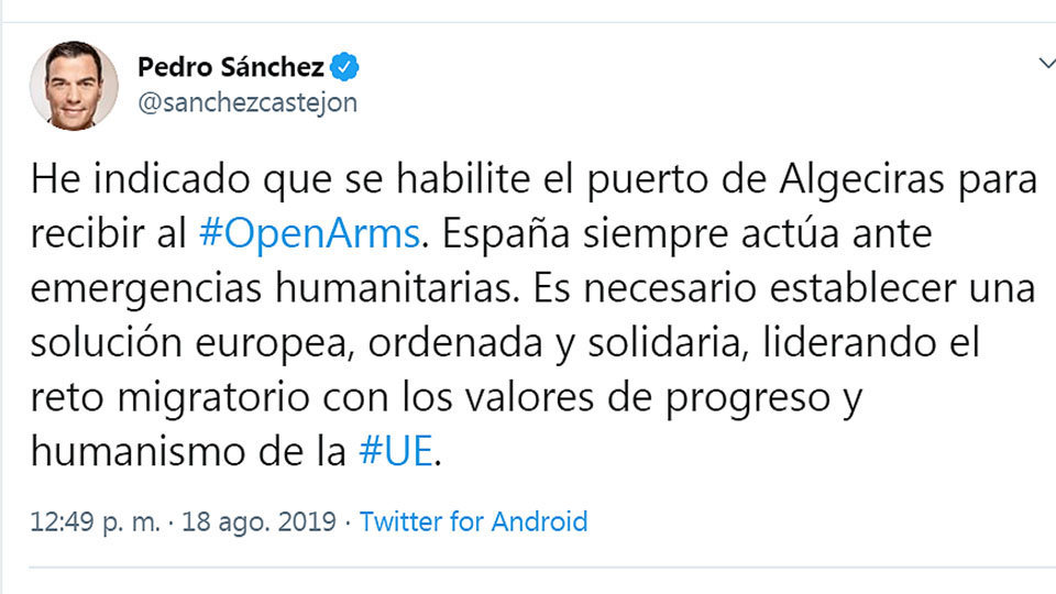 Tweet Pedro Sánchez Open Arms