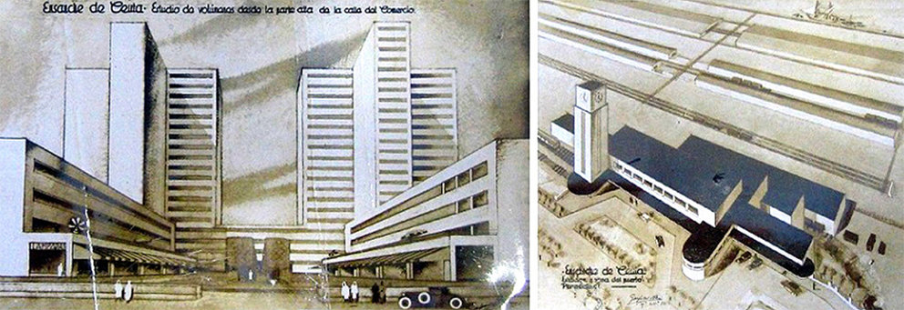  Perspectiva del nuevo centro de actividad y estación de tren de Gaspar Blein. Fuente- Garpar Blein, Proyecto de Ensanche de Ceuta, 1932. Archivo General de Ceuta.