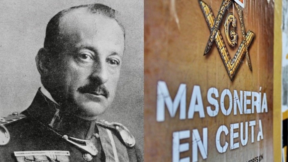 A la izquierda, Primo de Rivera; a la derecha, el cartel promocional del libro 'Masonería en Ceuta'