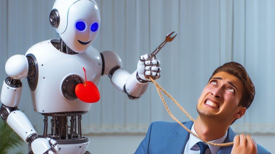 Imagen generada por IA que muestra a un robot maltratando a un ser humano / Bing