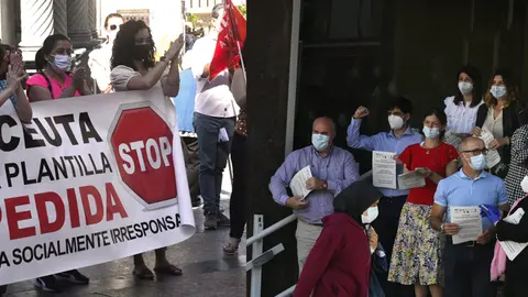 Trabajadores de BBVA (izqda) y Caixabank, en protesta por los recortes