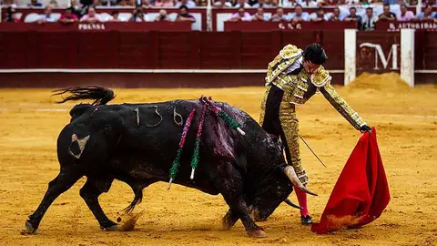 Tauromaquia. Un torero ejecuta un natural en un lance  de una corrida de toros