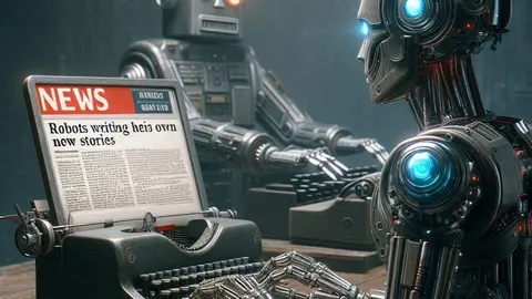 Robot redactando una noticia en una m&aacute;quina de escribir IA inteligencia artificial Bing