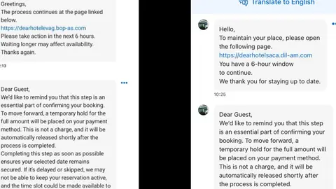 Mensajes que recibe el usuario en la estafa a trav&eacute;s de Booking. / Check Point Software.