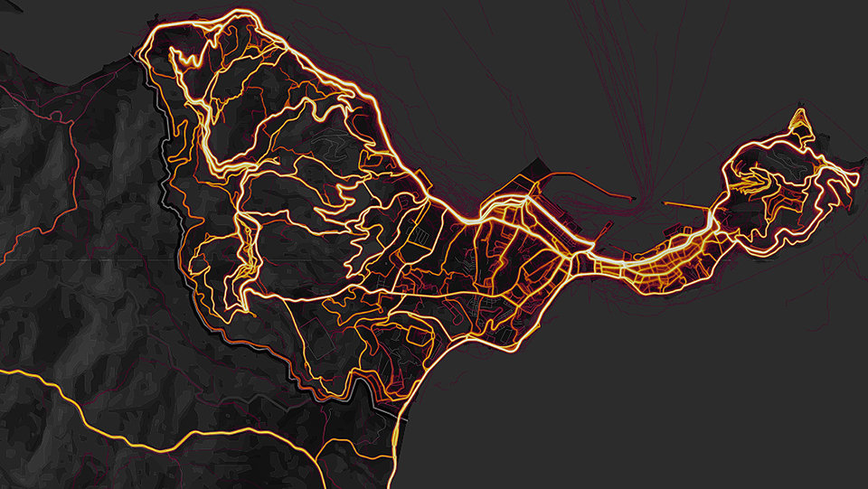 Mapa de calor de la actividad deportiva en bicicleta de los usuario de una app de entrenamiento