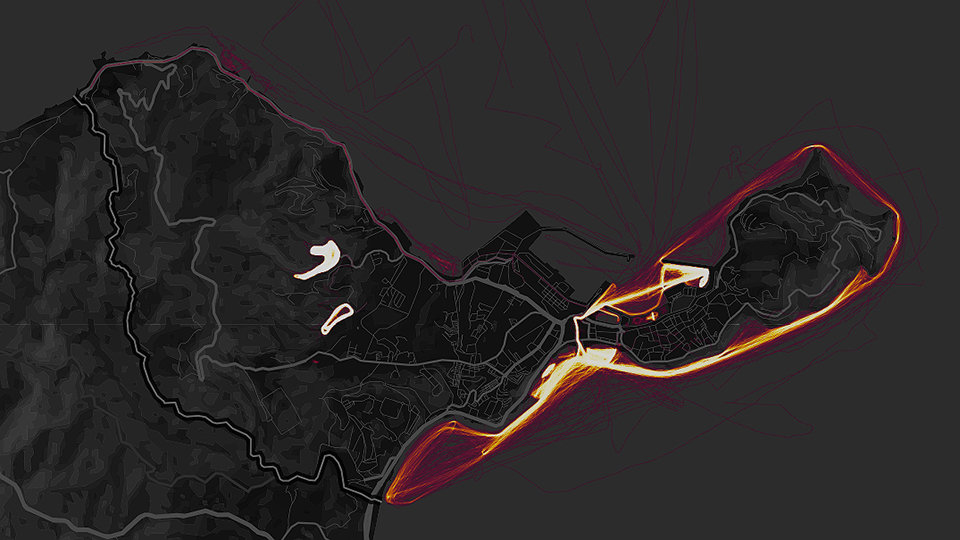 Mapa de calor de la actividad deportiva acuática de los usuario de una app de entrenamiento