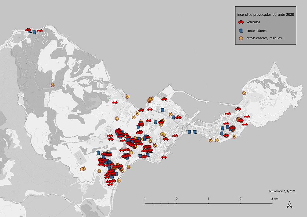 Mapa de Quema de contenedores y vehículos. Autor JULIO AZUARA