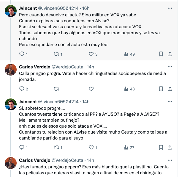 Capturas de la discusión de Verdejo en la red social X.