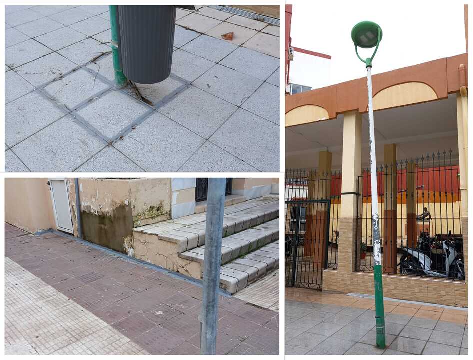 El estado de la plazoleta de Loma del pez, con una farola torcida